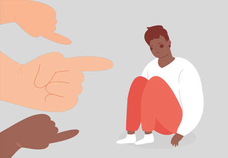 Depressed young black man suffers from discrimination. sad African American teenager surrounded by big fingers pointing at him. Stop bullying, accusation, psychological abuse, victim blaming concept.のイラスト素材