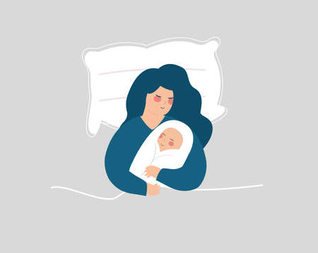 Young mother lying on her bed and holding her baby. New mom holds her infant kid in her arms with care and love. Happy new mother's day, mother's day, motherhood and parenting. Vector illustration.のイラスト素材