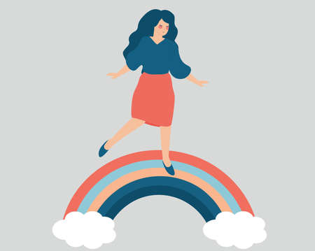 Young female spreads positive vibe while walking on the rainbow with balance. Happy Woman smiles and enjoys her freedom. Positive body, mental health, psychological care, well being lifestyle concept.のイラスト素材