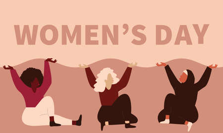 Group of strong women from different ethnicity. Brave females wish and celebrate international women's day. Young girls represent union and solidarity. Gender equality, woman empowerment conceptのイラスト素材