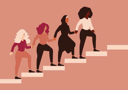 Group of strong women climbing highly on the stairs, hold hands and help each other. Females community with different ethnicity represent friendship, sisterhood. Women empowerment and equality conceptのイラスト素材