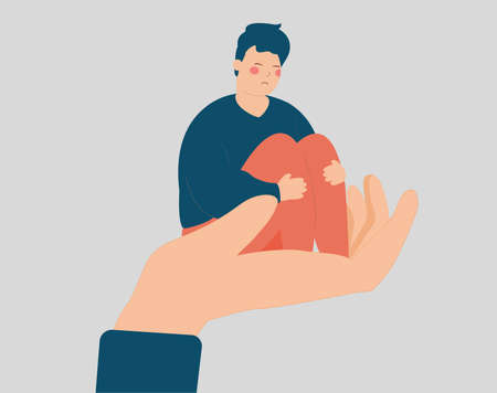 Stressed man sits on a big hand. Male needs care and support because of depression and stress. Counselor helps a sad teenager boy to get rid of psychological problems. Mental health disorders concept.のイラスト素材