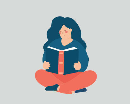 Happy woman enjoys reading a book while sitting on the floor. Happy girl takes notes on her diary with interest. Jomo, joy of missing out, book therapy session, mental health, inner peace concept.のイラスト素材