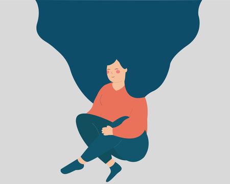 Woman meditates and sits on the floor. Girl doing breath control exercise. Female with flying hair practices yoga. Concept of self-mindfulness, inner peace, meditation and mental health. Vector stock.のイラスト素材