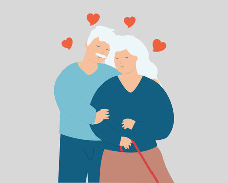 Senior husband and wife stand together and hug each other. Elderly man and woman couple hold hands with care. Family support, mature people relationship, marriage and true love concept. Vector stockのイラスト素材