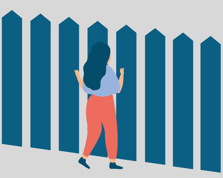 Young woman looks at the other side through the gap. Girl stands in front of a high fence, faces hard obstacles on her life. Concept of human rights and business opportunities. Vector illustrationのイラスト素材
