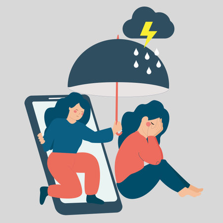 Woman helps and supports people with mental health illness. Female comforts her depressed friend over the phone. Counselling people with depression over social online services and friendship concept.のイラスト素材