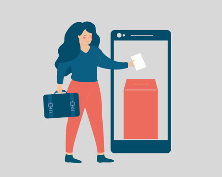 Young businesswoman voted online using her mobile phone. Business woman put the ballot into the box over her smartphone. politics, democracy, e-voting and online election concept. Vector illustrationのイラスト素材
