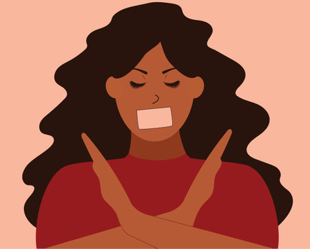 Strong woman crossed hands to protest against discrimination. Activist female stands for gender equality and women's rights. Concept of woman empowerment, adult abuse, freedom of speech and racism.のイラスト素材
