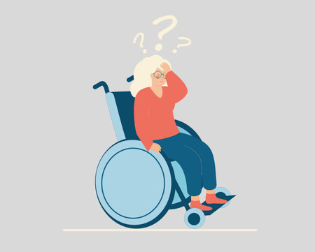 Old woman with a disability uses a wheelchair and tries to remember something she forgot. Senior female has memory loss and anxiety. Alzheimer's disease and psychological problems. Vector stock.のイラスト素材