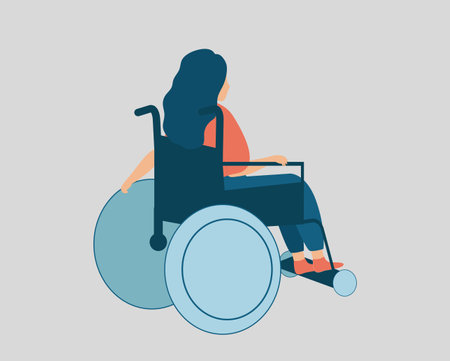 Young woman with a physical disability uses a wheelchair from back side. Female isolated on light background thinks about something. Vector illustrationのイラスト素材