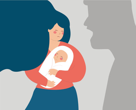Mother protects her newborn baby from a man's shadow that threats him. Concept of family abuse, domestic violence, negative parenting. Vector illustrationのイラスト素材