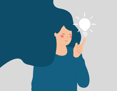 Smart woman has business idea. Confident entrepreneur female points with her index finger on a light bulb over her. Concept of creativity, innovation, solution, business mindset. Vector illustration.のイラスト素材