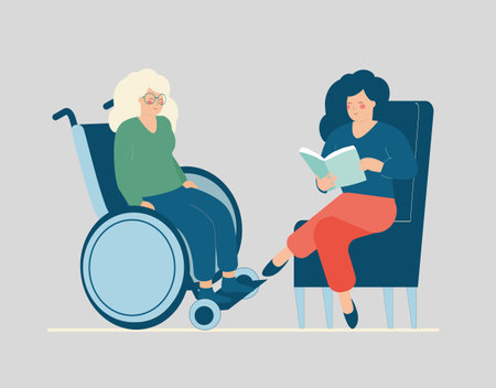 Woman or daughter is reading a book to an elderly person with a disability uses a wheelchair. Caregiver or social assistance taking care of senior people. Alzheimer disease, mental health concept.のイラスト素材