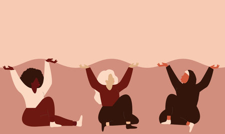 Group of strong women from different ethnicity. Confident females hold an empty poster. The festive concept for Mother's day and Women's Day. Girls represent sisterhood solidarity and Gender equality.のイラスト素材