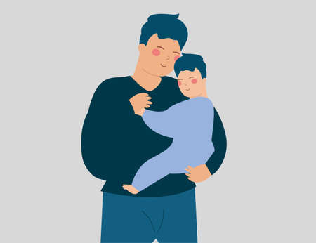 Happy father embraces and hugs his newborn baby with care. Young dad holds his little son and plays with him. Fatherhood experience, positive parenting, happy fathers day concept.のイラスト素材