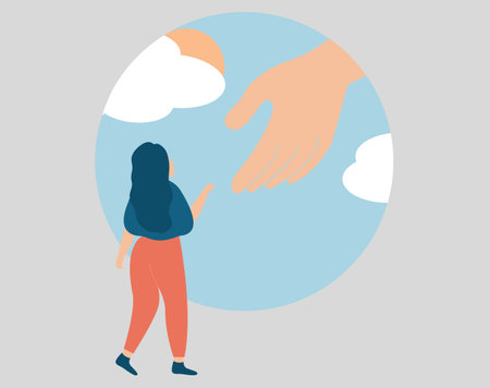 Woman has faith in God and starts a new life. Girl gets a divine helping hand to get rid of depression. Concept of the first step into the future, psychological problems.のイラスト素材