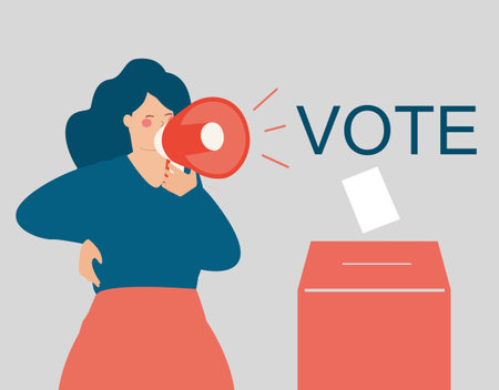 Woman speaks into a megaphone. Activist female calling people to vote. Girl invites the society to put the ballot paper into the box. Democracy, voting, suffrage women, elections.のイラスト素材