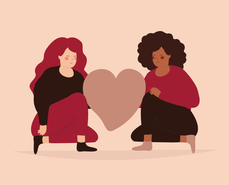Two women sit and hold a big heart and looks happy. Girls with different ethnicity support each other. Body positive, friendship, self-acceptance and Love Yourself concept. Vectorのイラスト素材