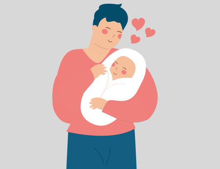 Single father hugs and embraces his child with care. Young dad holds his newborn baby with love. Concept of happy fathers day, positive parenting and single parent. Vector stockのイラスト素材