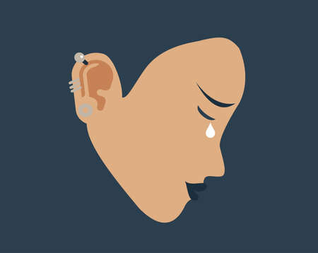Sad woman crying on a side view feeling depression, stress and anxiety. Young girl cries and feels upset. Concept of negative mood, mental health illness and psychological problemsのイラスト素材