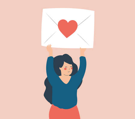 Happy teenage girl lifts up a large envelope with a red heart. Woman holding a big white envelope with a red heart. Girl transmet a message above her head. Valentines dayのイラスト素材