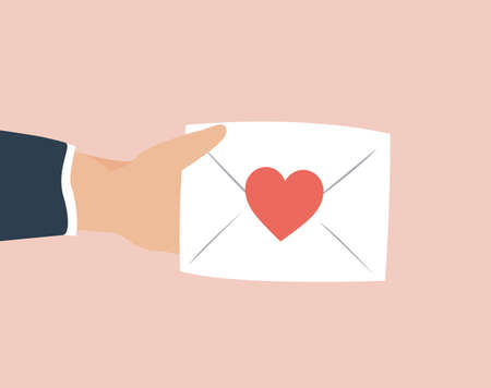 Human hand holding a big paper envelope with a red heart as a sign of love in valentine's day. Concept of confession of love, philanthropy, charity and donation. Vector stockのイラスト素材