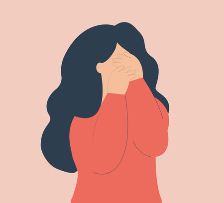 Sad young woman depressed and covers her face crying. Weeping teenage girl emotions grief. Concept of mental health disorders and psychological problems. Isolated Vector stockのイラスト素材