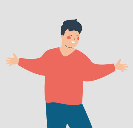 Happy man jumping with outstretched arms. smiling boy with open arms and a friendly facial expression. Concept of success, mental health wellbeing, healthy lifestyle and friendshipのイラスト素材