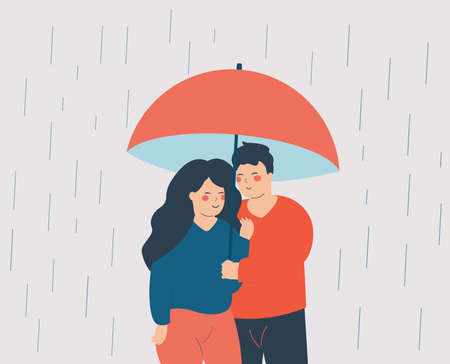 Young woman and man embrace each other and hide from the rain under an open umbrella. Happy couple hug each other with care and love. Valentine day, romantic relationships concept.のイラスト素材