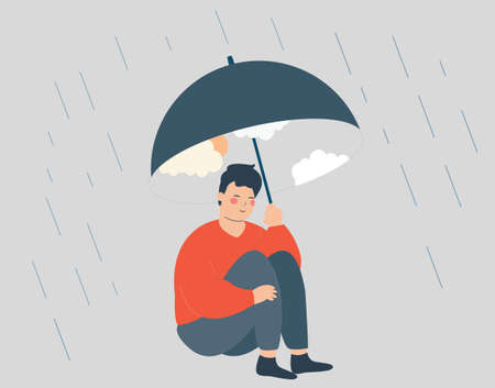 Man uses an umbrella with a sky and sun to protect herself from the rain and looks happy and relaxed. Inner world and mental health improvement concept. Vector illustrationのイラスト素材