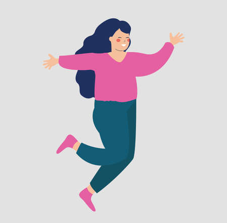 Happy young woman jumping with raised hands on an isolated background. smiling Girl running with joy. Concept of success, mental health wellbeing, healthy lifestyle and workout.のイラスト素材