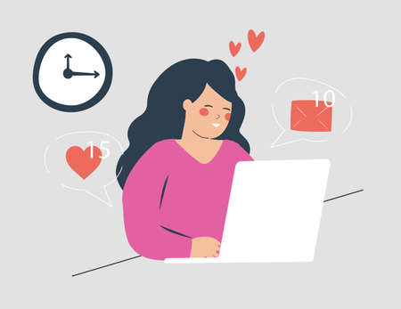 Happy woman checking the messages and interactions through her social media network. Girl feels happiness, contentment and joy on internet. FOMO or fear of missing out concept.のイラスト素材