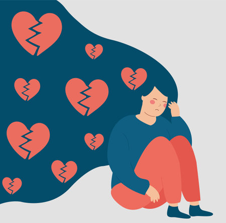 Sad woman with broken heart with gloomy thoughts. Teenage Girl has problems in relationship with love heartache. Female feeling upset due break up with lover. Heartbroken concept.のイラスト素材