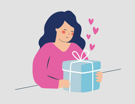 Happy woman receives a big gift with love. Young Teenage girl opens a present surprise for her birthday. Concept of women's day, valentine's day, mother's day celebration. Vectorのイラスト素材