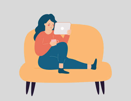 Self employed woman is working at the tablet while drinking her coffee. Freelancer teenage girl sitting on the couch and using her tablet to run her business online. Vector stockのイラスト素材