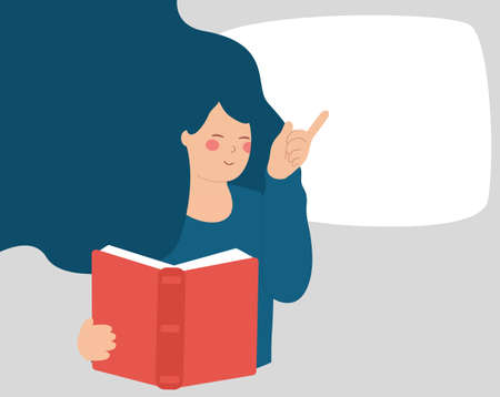 Teacher woman reading a book and points to an empty whiteboard. Female explains an idea from a book and points her finger to a speech bubble above. Learning, Education and Teachingのイラスト素材