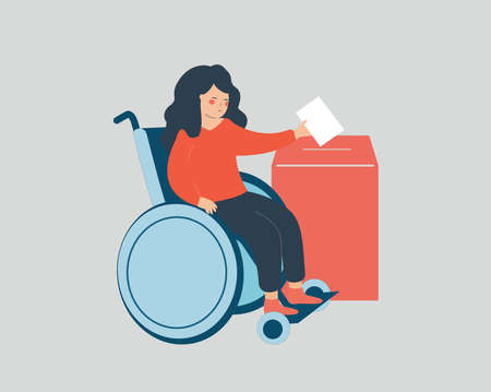 Woman with disability voting in the elections. Female person who uses the wheelchair participates in a vote and puts paper ballot into the box. Vector illustrationのイラスト素材