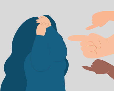 People surround a woman and point fingers on her. Female covers her face and feels ashamed. School girl bullied by her classmates. Stop violence or abuse against children and womenのイラスト素材