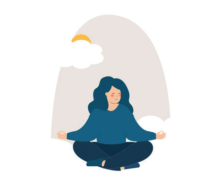 Young woman relaxing in lotus yoga posture. Calm teenage girl meditating next to the window to maintain her balance and harmony with the nature. Mental health wellbeing.のイラスト素材