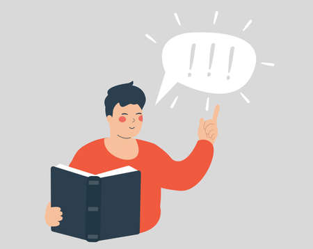 Young man thinks about an idea he read from the book. Teacher explains an idea to his students. Speech bubble with exclamation marks. Reading books concept. Vector illustrationのイラスト素材