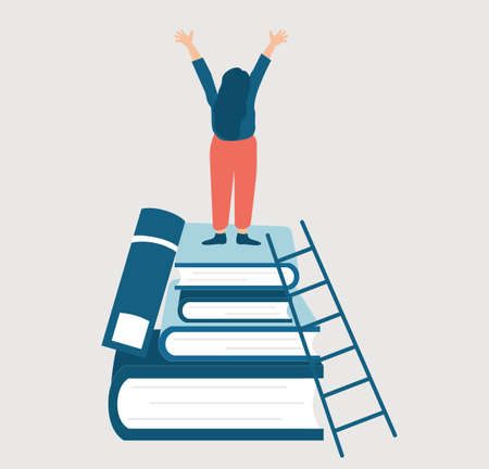 Businesswoman standing on a huge tower stack of books and raised hands as a sign of victory. Path to business and personal success. Knowledge, Learning and skill development.のイラスト素材