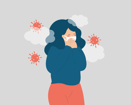 Sick woman has flu, surrounded by microbes or viruses and wearing a face mask. Woman has cold coughing because of a virus. Concept of viral infectious disease, pandemic, epidemic.のイラスト素材