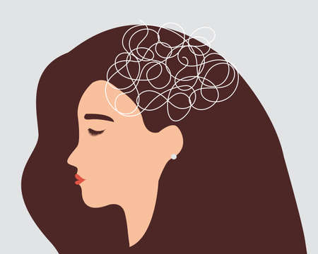 Sad woman with bewildered and tangled thoughts in her mind. unhappy girl suffers from depression, stress or anxiety. Mental health disorder concept. Vector stockのイラスト素材