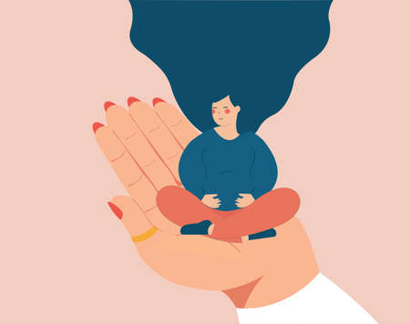 Pregnant woman sitting in lotus position on a big hand during examination. Breathing exercises for pregnancy. Maternity women who need support. Hospital care, Gynecologist.のイラスト素材