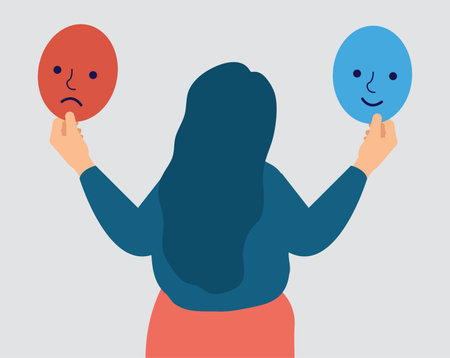 Faceless girl suffers from Bipolar disorder holds two faces; happy and sad mask. Young woman has psychological disease and schizophrenia. Mental health illness concept. Vectorのイラスト素材