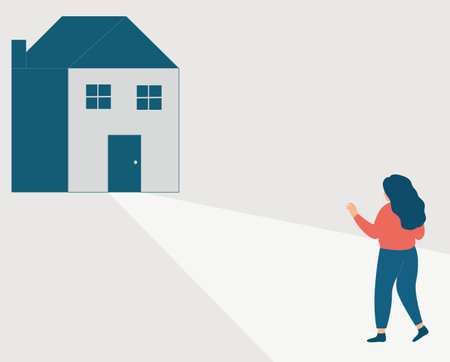 Sad woman looks at her house and can't reach it. Teen girl unhappy going to an orphanage. Child victim of her parents divorce wants to go back to her home. Homeless and domestic abのイラスト素材