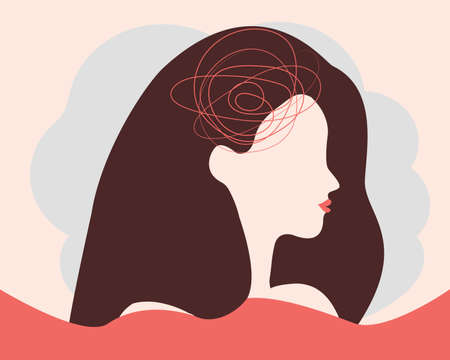Woman stands in the choppy water feeling stress and depression. Depressed female with psychological problems has negative tangled thoughts. Concept of mental health illness.のイラスト素材