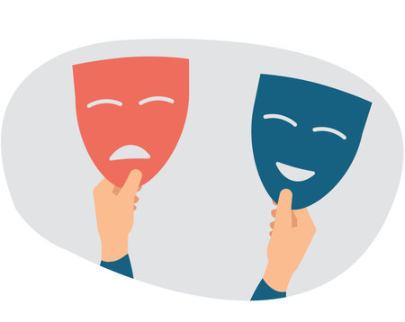 Two hands holds happy and sad masks. Person suffers from split dual personality disorder. Illustration of schizophrenia. Bipolar and duality, psychology, mood swings concept.のイラスト素材