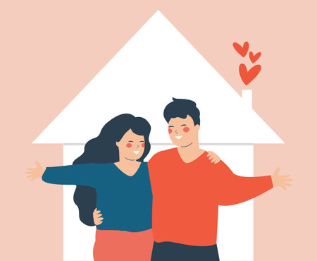 New married couple in love embracing each other and smile. Happy family of two members husband and wife standing outdoors in front of their house. Vector illustrationのイラスト素材